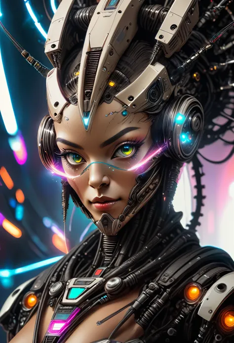 a woman with a futuristic headdress and a futuristic face, harmoniously integrated with computer chip and electrical wires, spac...