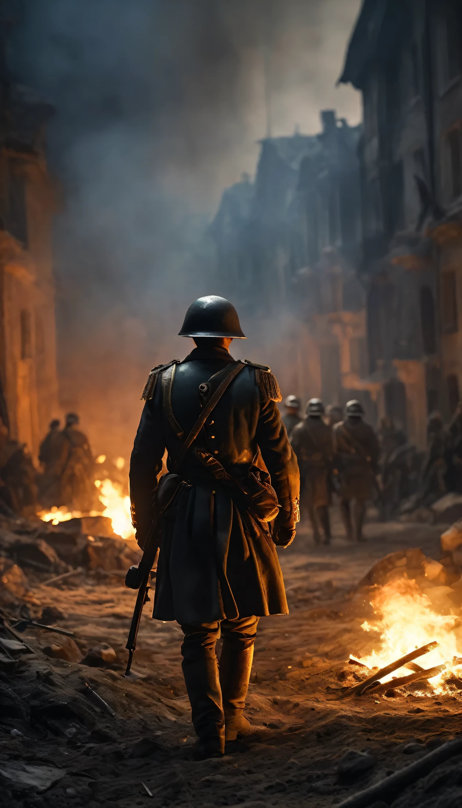 Depict Russian troops implementing the scorched earth strategy, setting fire to buildings and destroying supplies, Show Napoleon&#39;s army encountering arid landscapes and burning villages as it advances, fundo escuro, hiper-realista, ultra detailed hiper-realista, Fotorrealista, studio lighting, reflections, dynamic pose, Cinematic, Color grading, fotografia, Filmado com lente 50mm, Ultra-wide angle, profundidade de campo, hiper-detalhado, lindamente colorido, 8K