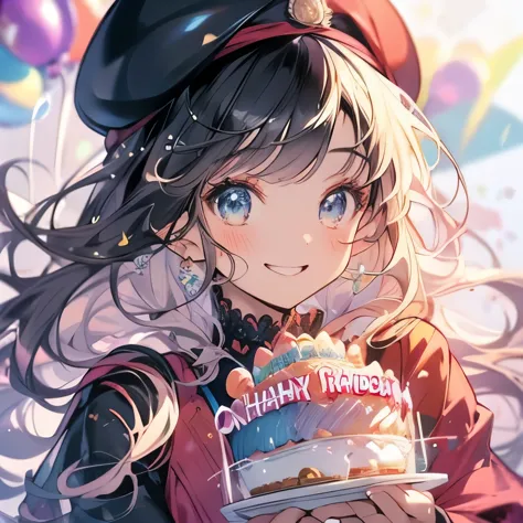 highest quality、masterpiece、Anime Girls、((Holding a birthday cake))、smile、Upper Body、beret、Lots of balloons、Gwaiz、BIRTHDAY lette...