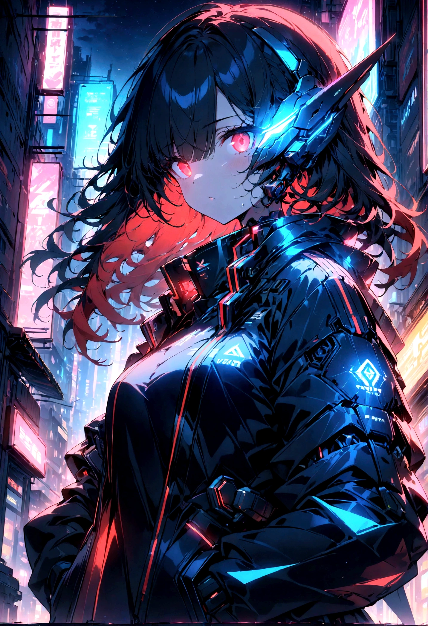 1girl,solo,long blunt blackhair and red hair,bangs covering over one eye,:P expression,mecha,mechanical headware,big billboard,glowing eyes,tactial jacket,open mounth,point at viewer,(masterpiece), (best quality), (ultra-detailed), very aesthetic, illustration, disheveled hair, perfect composition, moist skin, intricate details, ,cyberpunk style,cybernetics,Futuristic,(neon light),neon sign,dark streets,glow in the dark,Glitch Art,(Abstrac Glitch effect),uneven grid and geometry,City Circuit light effect, lens flare,Dramatic light,night,night time,dramatic night time,artifical light"