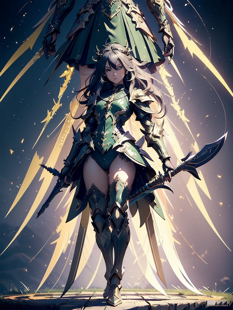 (((masterpiece, best quality, high detailed, 8k))) Design a layout showcase Gaming character, (1girl). Green|Gold clothes, stylish and unique. ((showcase weapon:1.4)), nature staff. (masterpiece:1.2), (best quality), 4k, ultra-detailed. (Step by step design, layout art:1.5), (luminous lighting, atmospheric lighting). druid, ((glove full hands)), (((revealing clothes:1.3))), vambraces, armored legwear, (((full_body_shot:1.4))). {In a magical meadow}