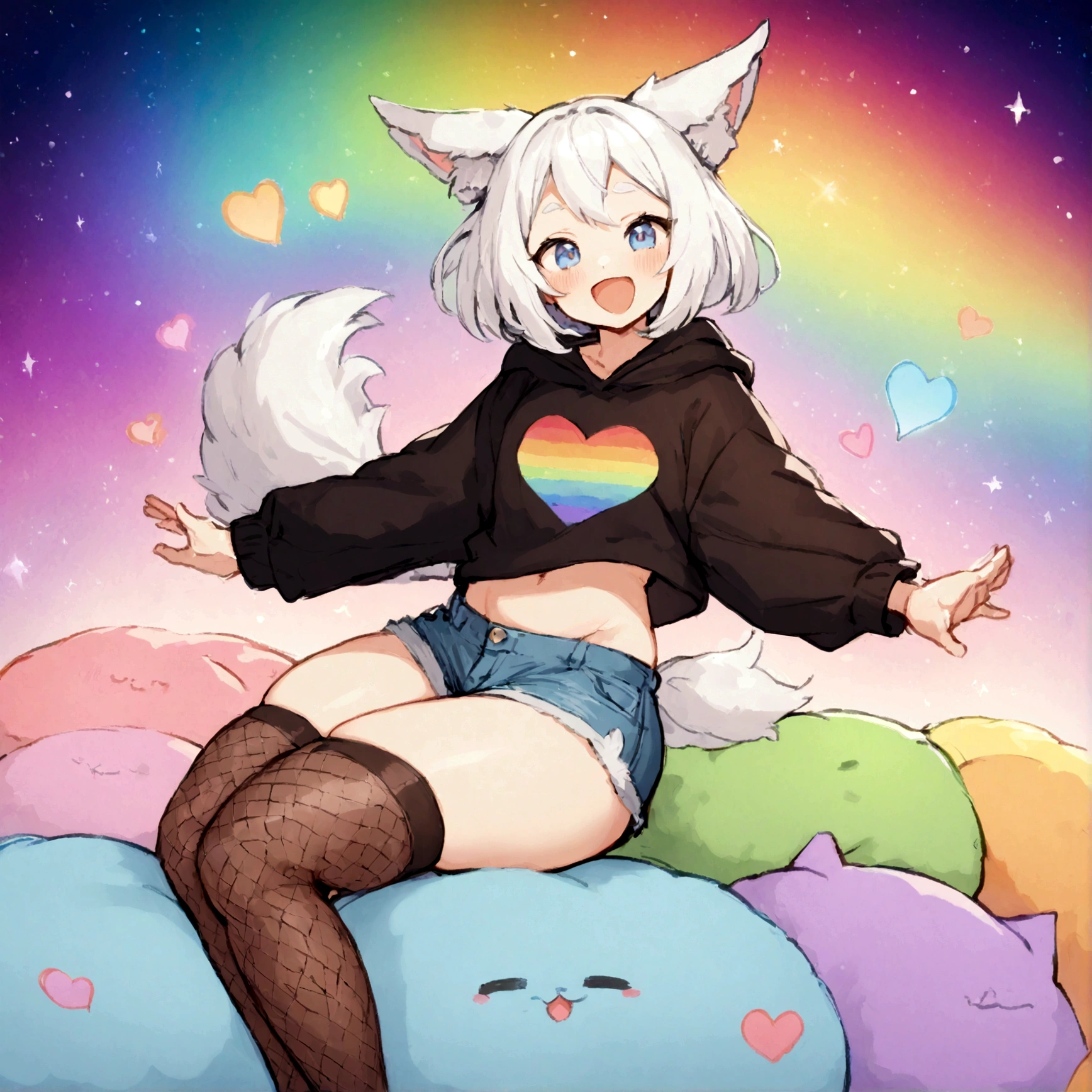 a cute adult male with wolf ears, white hair, has a wolf tail, wearing a loose cropped oversized black hoodie, wearing a pair of denim short shorts and thigh high fishnet stockings, thick thighs, wide hips, relaxing on mound of fluffy multi colored kawaii plushies, short, very slim, showing slender tummy, stretching out, heart on hoodie, squishy thighs, has glowing blue eyes. alone, solo (ALONE)(SOLO), surrounded by rainbows, colorful galaxy backround, mouth wide open grin, very happy, excited, nice butt