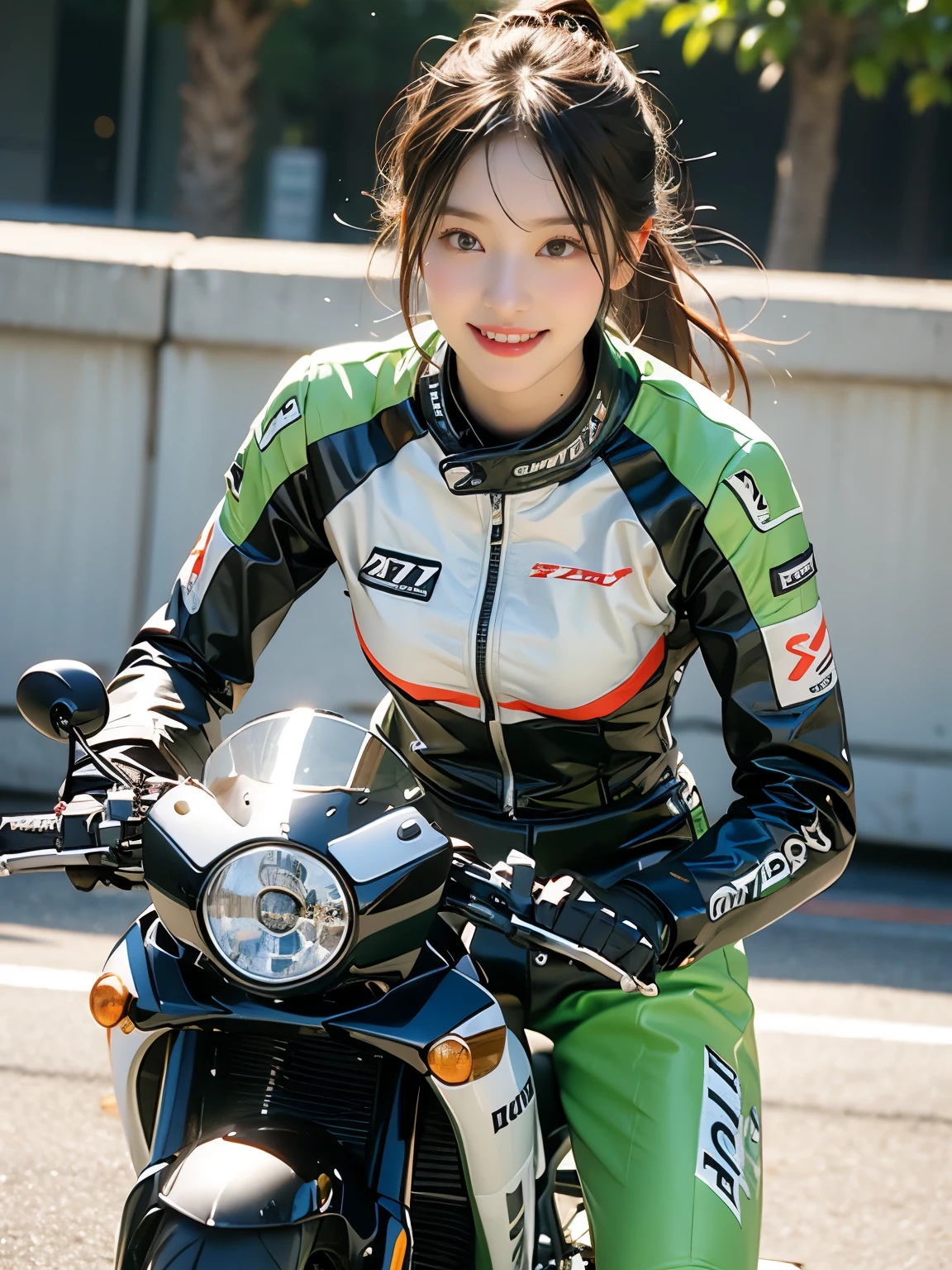 Riding a motorcycle、smile、Green long sleeve racing leather suit