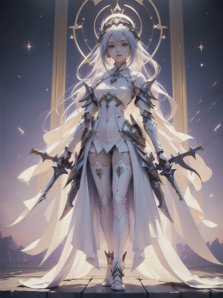 (((masterpiece, best quality, high detailed, 8k))) Design a layout showcase Gaming character, (1girl). White|Gold clothes, stylish and unique. ((showcase weapon:1.4)), holy scepter. (masterpiece:1.2), (best quality), 4k, ultra-detailed. (Step by step design, layout art:1.5), (luminous lighting, atmospheric lighting). priestess, ((glove full hands)), (((revealing clothes:1.3))), vambraces, armored legwear, (((full_body_shot:1.4))). {In a sacred temple}.
