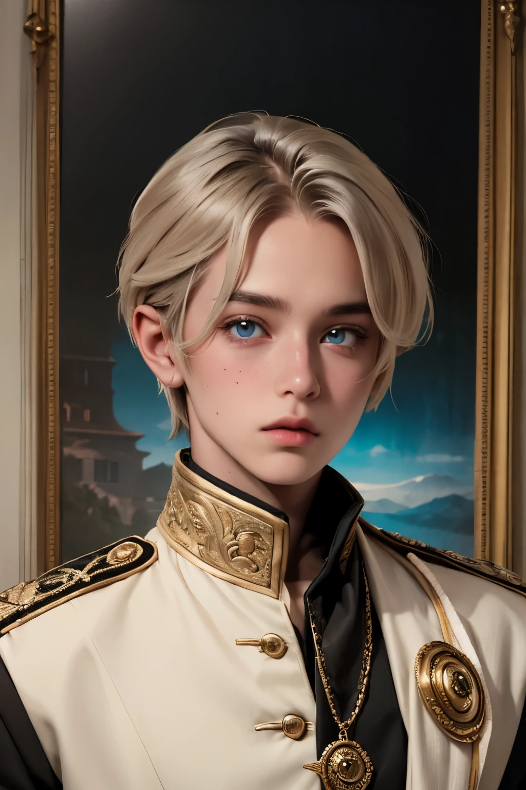 a young 18 year old boy, cute appearance, wearing light colored royal attire with silver details, ((very light hair)), bright crystal blue eyes, ((cute and highly detailed face)), elegant pose