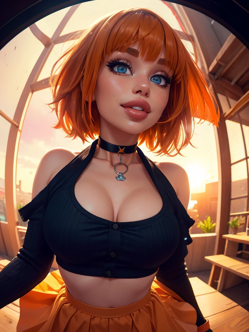 SFW, 1girl, big clear eyes, eye contact, (small breasts:1.2), red choker, wide view, parted lips, pulpy lips, bright orange hair, showing off skirt, short messy hair, bangs, highly detailed, soft tones, extreme detail, no background, (detailed textures:1.1),  dramatic light, happy smile, high Depth Of Field, slight fisheye lens