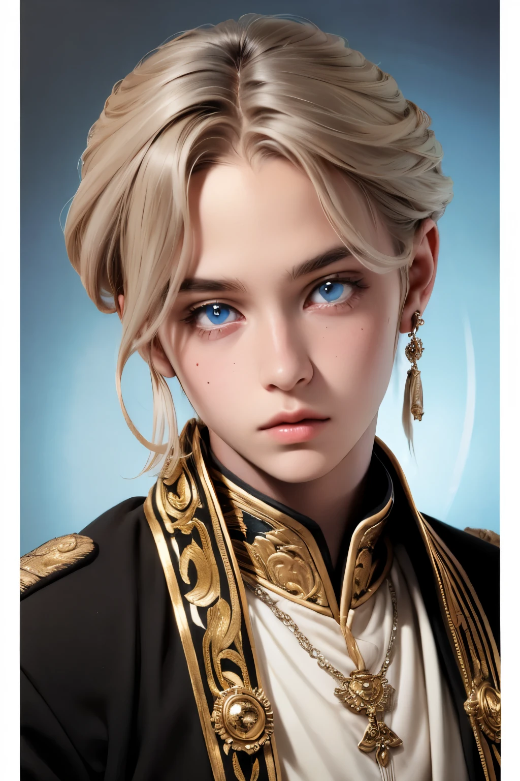 a young 18 year old boy, cute appearance, wearing light colored royal attire with silver details, ((very light hair)), bright crystal blue eyes, ((cute and highly detailed face)), elegant pose