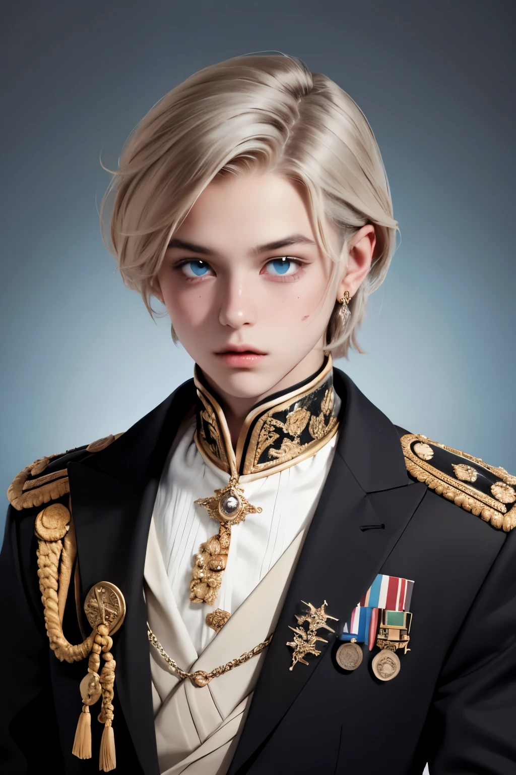 a young 18 year old boy, cute appearance, wearing light colored royal attire with silver details, ((very light hair)), bright crystal blue eyes, ((cute and highly detailed face)), elegant pose