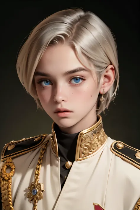 a young 18 year old boy, cute appearance, wearing light colored royal attire with silver details, ((very light hair)), bright cr...