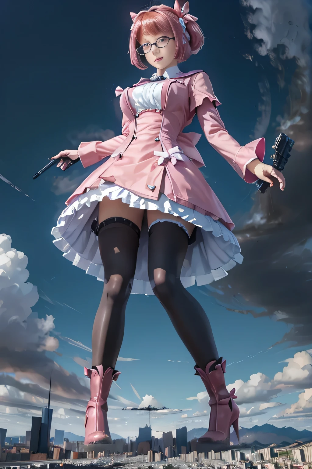 géante art, highly detailed géante shots, géante, deux jambes, cinq doigts, Cheveux courts, Une belle fille plus grande qu&#39;un gratte-ciel, Porter des lunettes sans monture, sourire, Gros seins, Robe rose, arc, Fille magique, baguette magique, collants noirs, talons aiguilles roses, Détruire des villes, Une très petite grande ville, Métropole miniature, Description complète du corps, GTS, giga géante, Ville piétinante, ville accidentée, petite ville, micro ville, Pieds collants, haute résolution, la plus haute qualité, chef-d&#39;œuvre, 