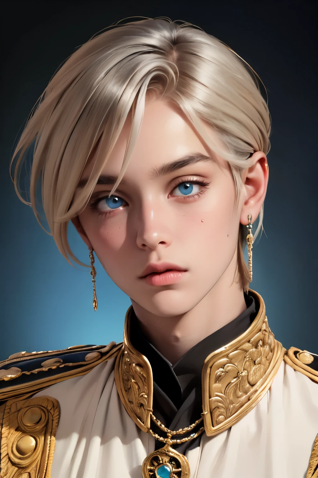 a young 18 year old boy, cute appearance, wearing light colored royal attire with silver details, ((very light hair)), bright crystal blue eyes, ((cute and highly detailed face)), elegant pose