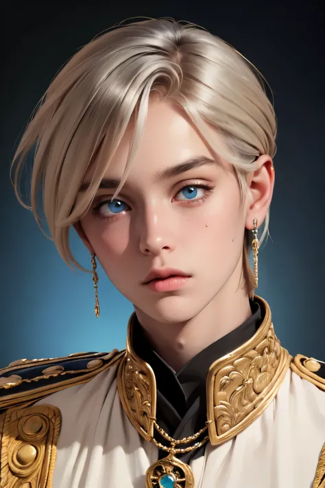 a young 18 year old boy, cute appearance, wearing light colored royal attire with silver details, ((very light hair)), bright cr...