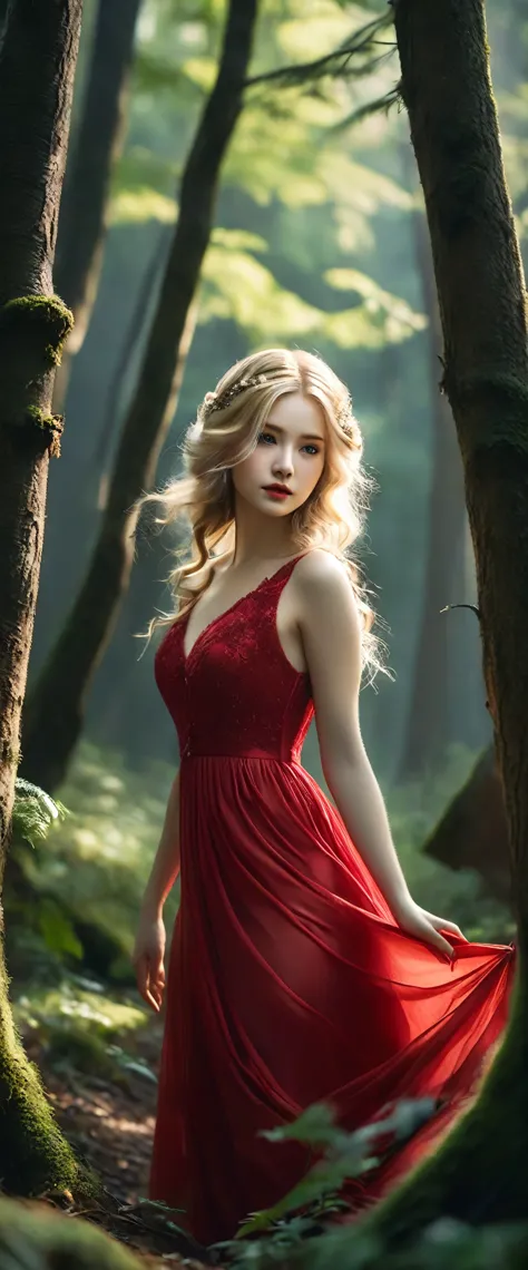 ratte867、lonely forest - blonde hair girl、 beautiful woman in an unusual red dress，in a masterpiece、 her asymmetrical hairstyle、...