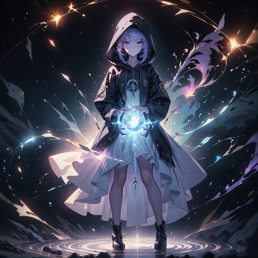 (((masterpiece, best quality, 8k))) full-body shot of a hooded girl with a perfect face, standing on a reflective ground. She is holding a source of blue and purple light energy, with many particles surrounding her. The environment is dark and misty, with the only source of light coming from the energy and particles, all glowing in blue and purple tones. The atmosphere is mysterious and otherworldly, with a misty haze drifting around her feet. Her face is partially obscured by the hood, and her eyes are focused intently on the luminous orb in her hands, astronomy back ground