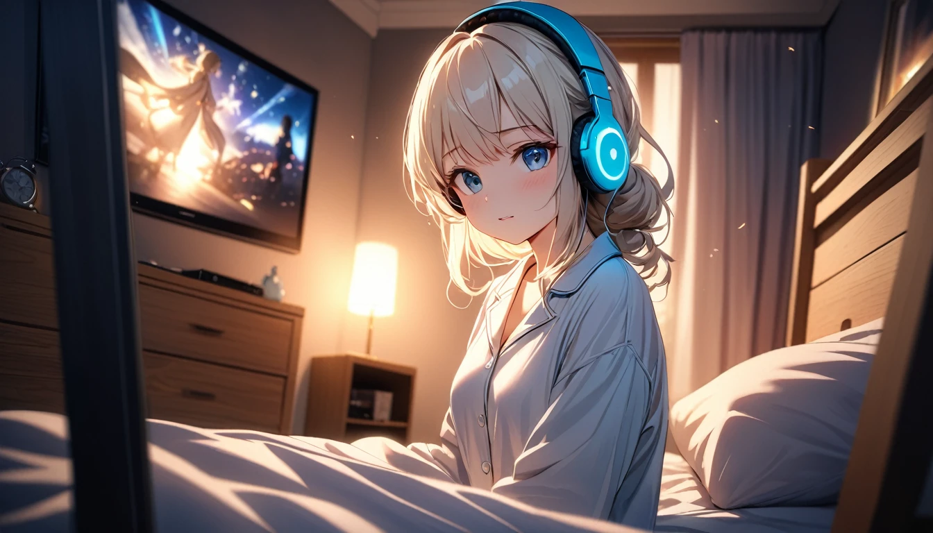 highest quality, Ultra-high resolution, One Girl, Evening attire、pajamas、cute,(Platinum Blonde Hair:1), ((Puffy eyes)), Show Viewer(Depth of Field HDR 8K 4K Wallpaper Cinematic Angle, Bedroom Lighting(masterpiece, highest quality:2.0),headphone,listen to music