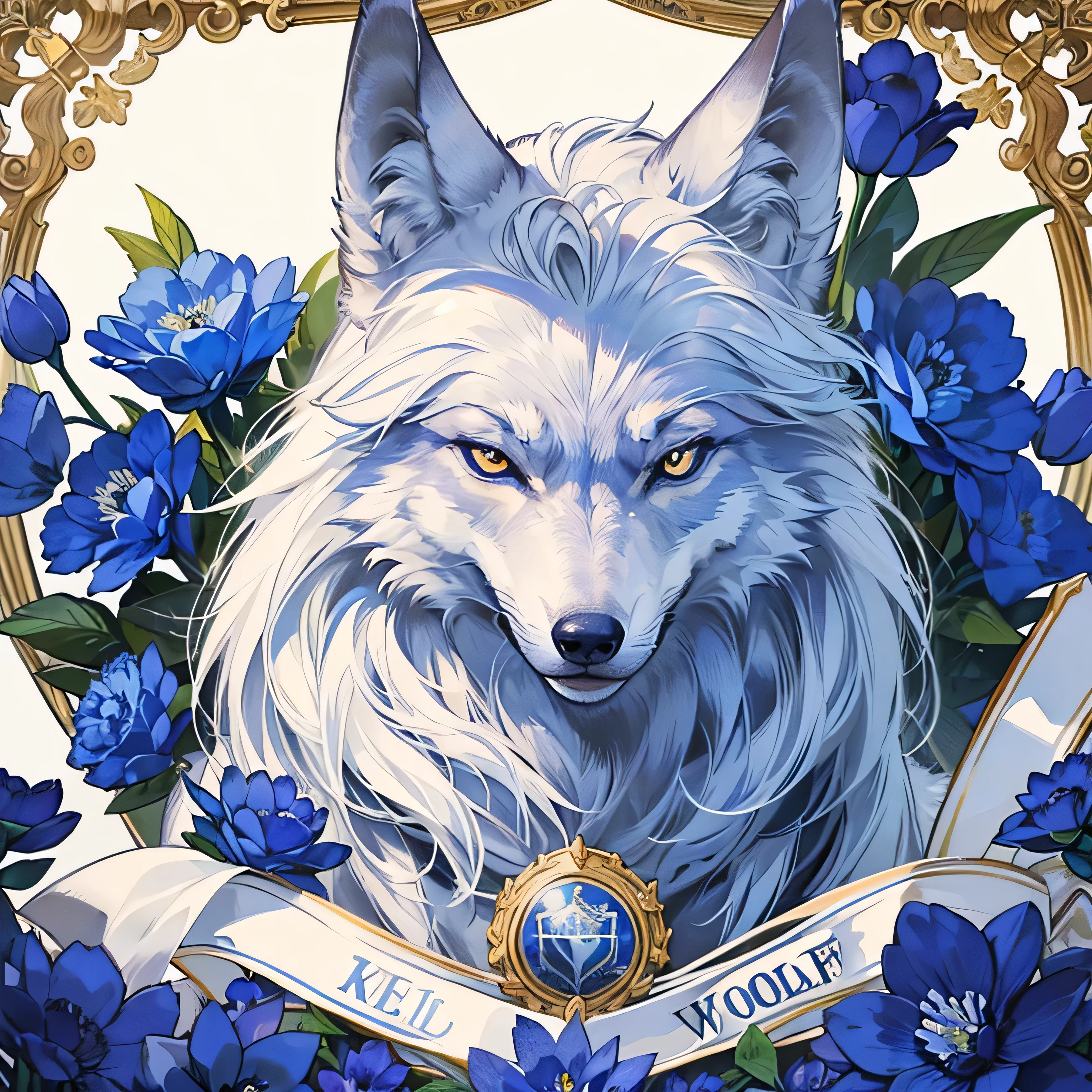 qualidade máxima, qualidade máxima, (((um lobo))), logo, fundo branco apenas, emblem, 14K, intrincado e detalhado, moldura simples, azul, (((nenhum humano))), pele detalhada, olhos brilhantes, Logotipo corporativo, panorâmico, Tiro longo, frente, azul flower