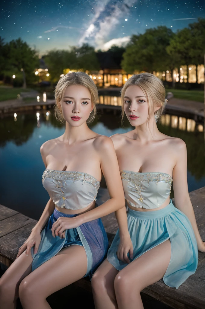 ((Ultra Long Exposure Photography)) high quality, highly detailed, a stunningly photorealistic closeup portrait of two beautiful animated women, intricate detailed eyes,open shoulders,skirtlift,where two mysterious women sits by the edge of a pond, capturing a romantic atmosphere under the starry sky.