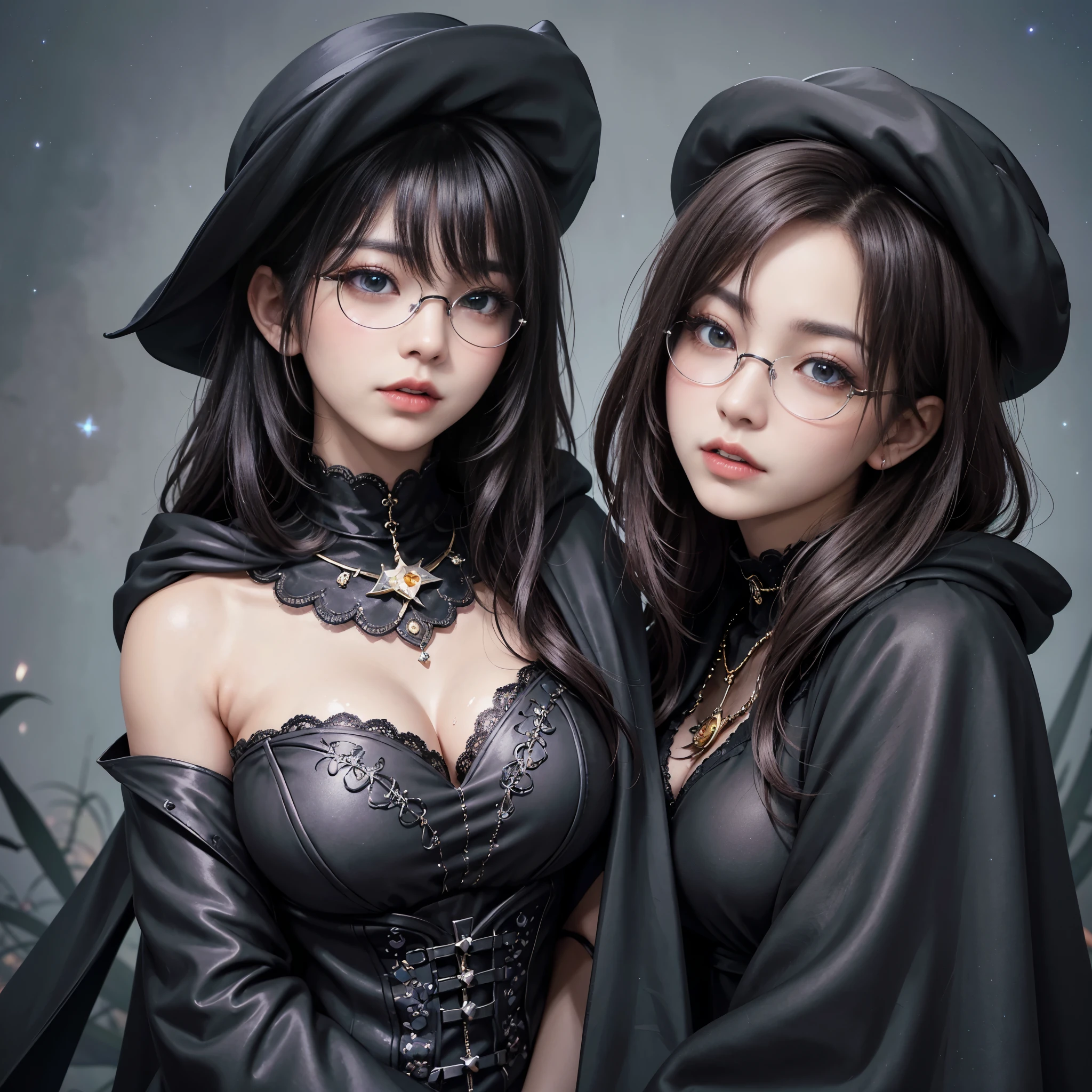 (Fatal Beauty,A charming villain,witch) ,(A supple and powerful physique),(Sensual charm),(Mysterious charm:1.1),(Captivating silhouette),((((Glasses))))、((((big sapphire necklace))))、(highest quality,High resolution:1.2),(dark,Threatening:1.1),((dark horror theme:1.5),(Thriller:1.5)),(Dark fantasy:1.5),  (((Countless stars fly away:1.5),(Absurd:1.5),(wonderful:1.5))),Woman in a dress, (Powerful numbers:1.1),(((Big Breasts))),(((Muscular:1.1))), cute face, Sexy Face, , Very detailedなbeautiful女の子, (Ideal body type:1.8), Very detailed faceexpressive lips, (Very beautiful、Crisp big eyes:1.5), Fine skin., All features are shown in detail., The outline of the fingers is beautifully drawn....., The nose is precisely shaped., expressive lips, Perfect Anatomy,cute、Realistic、(Front view:1.4),(Face Focus:1.3), realistic girl rendering, 8k artistic german bokeh, Enchanting girl, Real Girls, Gurwitz, Gurwitz-style artwork, Girl Roleplay, Realistic 3D style, cgstation Popular Topics, 8K Portrait Rendering,(truth，truth：1.4),Sexy Body,( Very lean body:1.6),Sexy pose, blush, Attractive body, Very curly hair, Purple Curly Hair, very big hair, Very curly hair, prime color,Urban,Very detailed,masterpiece,Intricate details,Faded,Very detailed, Eye for details,Intricate details,Dark and spooky atmosphere,  Spiritual Beings, Unforgettably beautiful, Ghostly figures, Shadow-like shape, Spooky whispers, Ominous Aura, Goth Maiden,  Like dazzling fur in a starless haze,Her Mogul Snaps, Mysterious Cemetery,Black hair swaying in the moonlight, She summons darkness, (beautiful: 1.7), (Black Hat: 1.6), (An intricately decorated jet-black cloak: 1.6), (Delicately decorated cloak, Despite the damage: 1.5), Hypermaximalist,  Breathtaking oil paintings, Surreal, Ultra-realistic digital illustrations that mimic the style of oil paintings, Wonderful configuration,  (Shining Eyes:1.6)、(Glowing Eyes:1.1),(hellish landscape:1.1),(fire,sulfur:1.1),(Threatening atmosphere:1.1),(dark shadows,Threatening pre