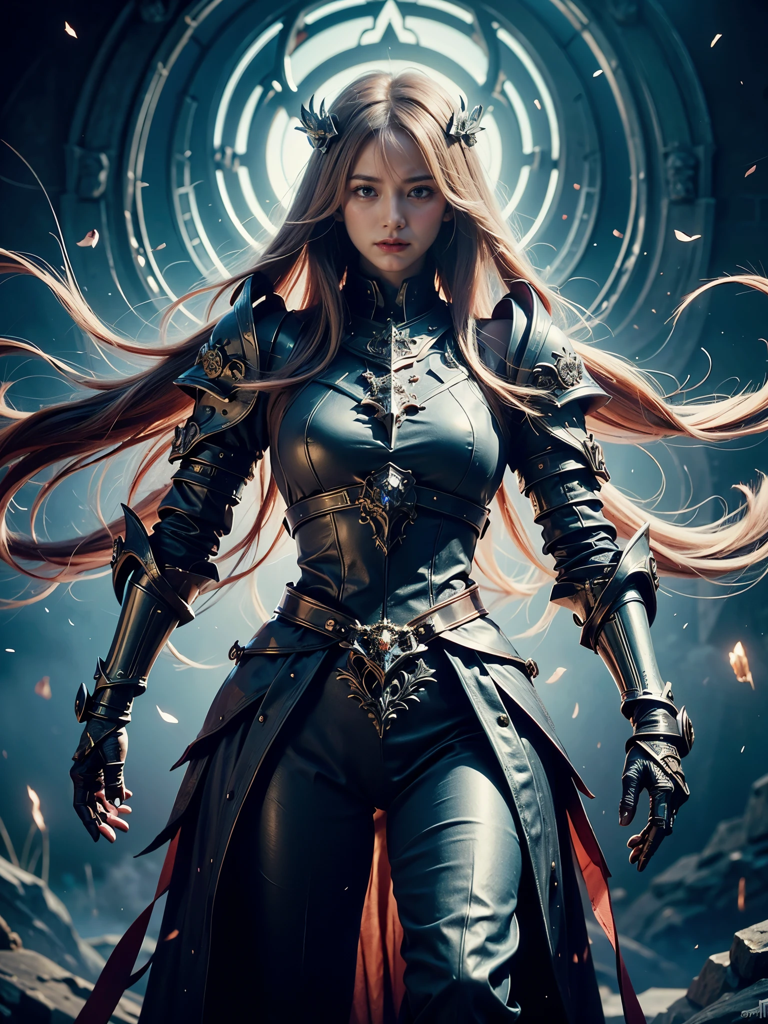 Photography of a cybernetic girl with lightning power, her metallic limbs crackling with energy, standing on the battlements of a medieval castle at twilight. The fading light bathes the scene in a mystical glow, highlighting the intricate details of her cybernetic enhancements and the ancient stone walls. Her elegant yet powerful presence commands attention against the backdrop of the medieval skyline. The fusion of futuristic technology and medieval architecture creates a captivating visual contrast, evoking a sense of magic and wonder. Shot with a low angle to emphasize the girl's imposing stature and the castle's majestic silhouette. Photographed by Ellen von Unwerth, known for her sensual and artistic approach to storytelling.