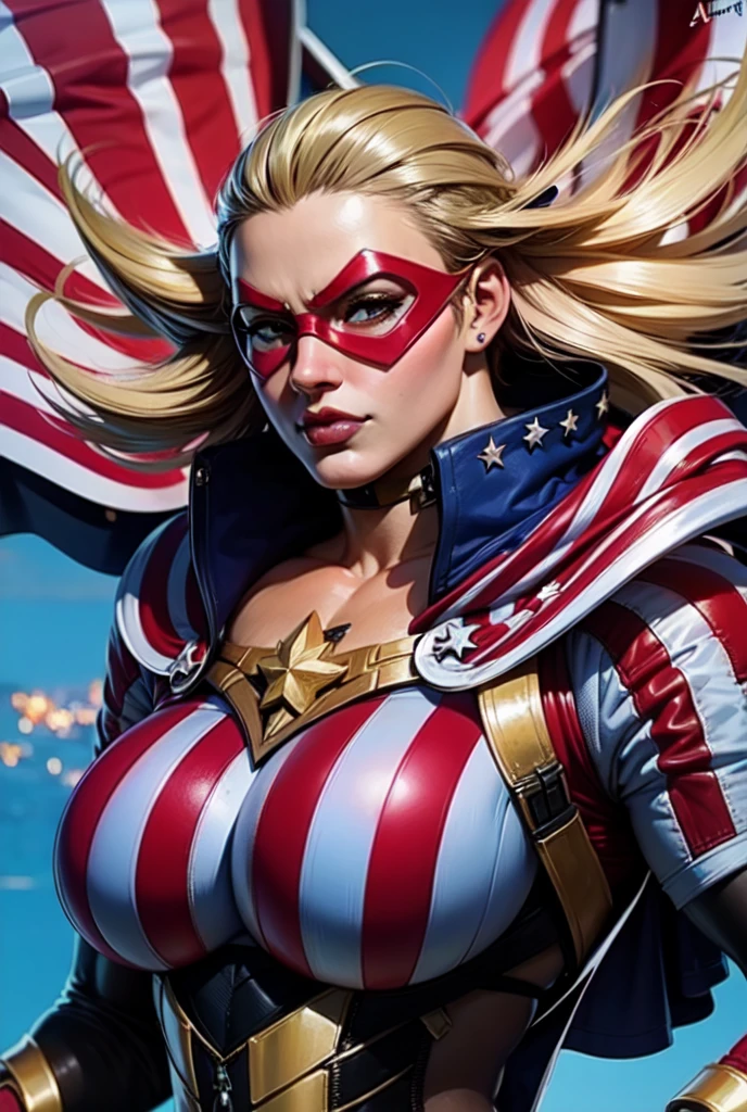 a woman in a patriotic outfit with a flag on her chest, extremely detailed artgerm, artgerm comic, trending artgerm, artgerm. high detail, artgerm 4 k, artgerm jsc, artgerm style, artgerm greg rutkowski _ greg, artgerm detailed, amber heard as captain america