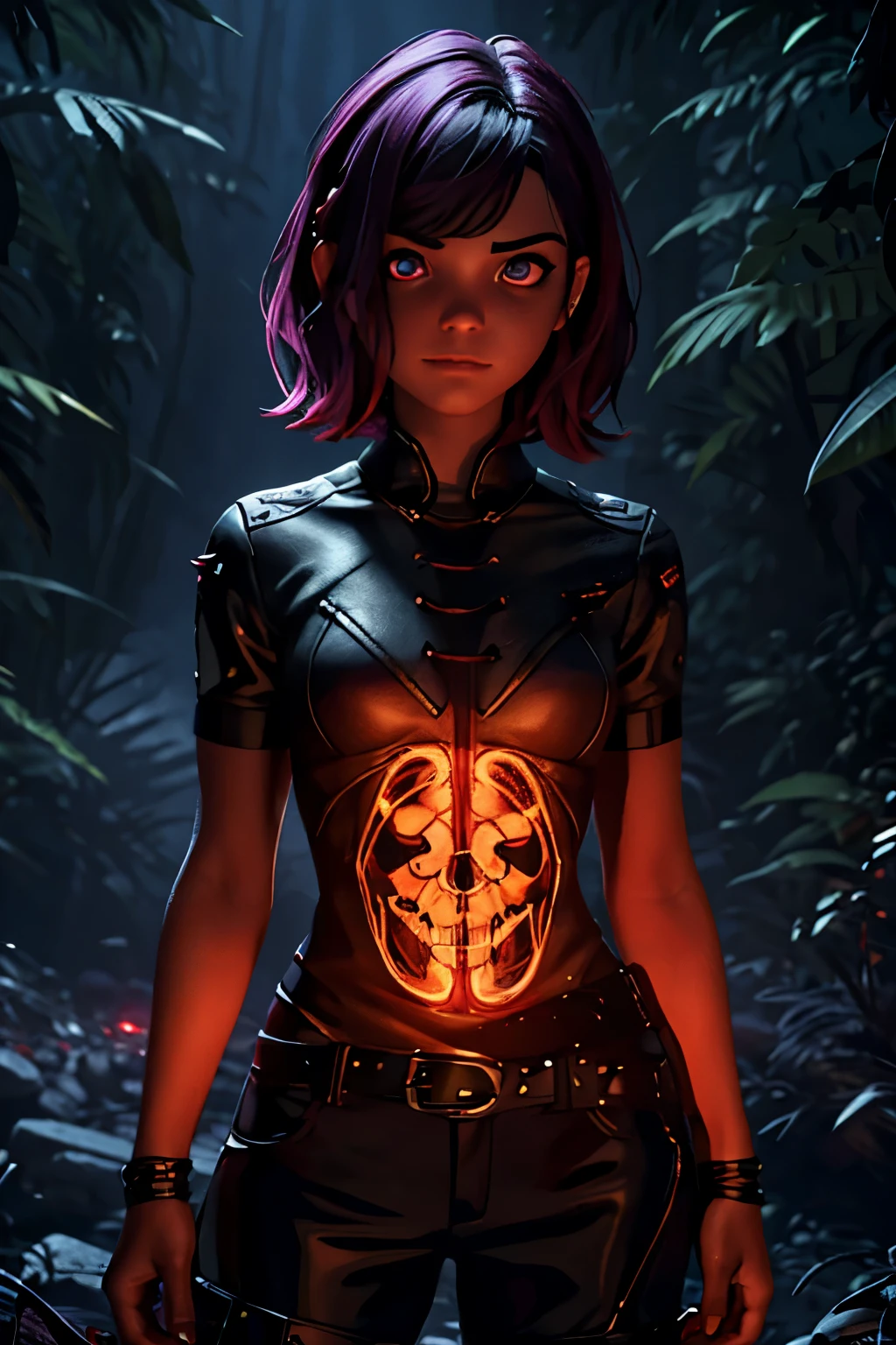  8k, ultra detailed, soft lighting, cartoon, best quality, trending on artstation,nice art,perfect art,nice detailed art,nice detailed body,nice detailed face,best quality, 8k, best quality, ultra-detailed , 8K, HD, a 13 years old teenage girl.There was a  standing in a darkwood,Horror ,looking the camera,atmospheric cinematic lighting,violet bright eyes,cinematic Red lighting, [ horror game ], Scary cinematic lighting, Atmospheric, atmospheric artwork, Sinister dark aura, sistem virus horror, detailed 4k horror artwork,
full body,red short hair,dark forest background,scar face,smile,creepy,fantasy art 8k,masterpiece,score_9,score_8,score_7,score_8_up,score_7_up,score_6_up,cartoon, best quality, trending on artstation,sinister,lurid,wraith,scarlet witch,Little kid girl, wearing black-and-red, mummy-like tattered,, with ancient markings,  (glowing violet eyes), high detail, dramatic,,lurid,necromace,all wraith control