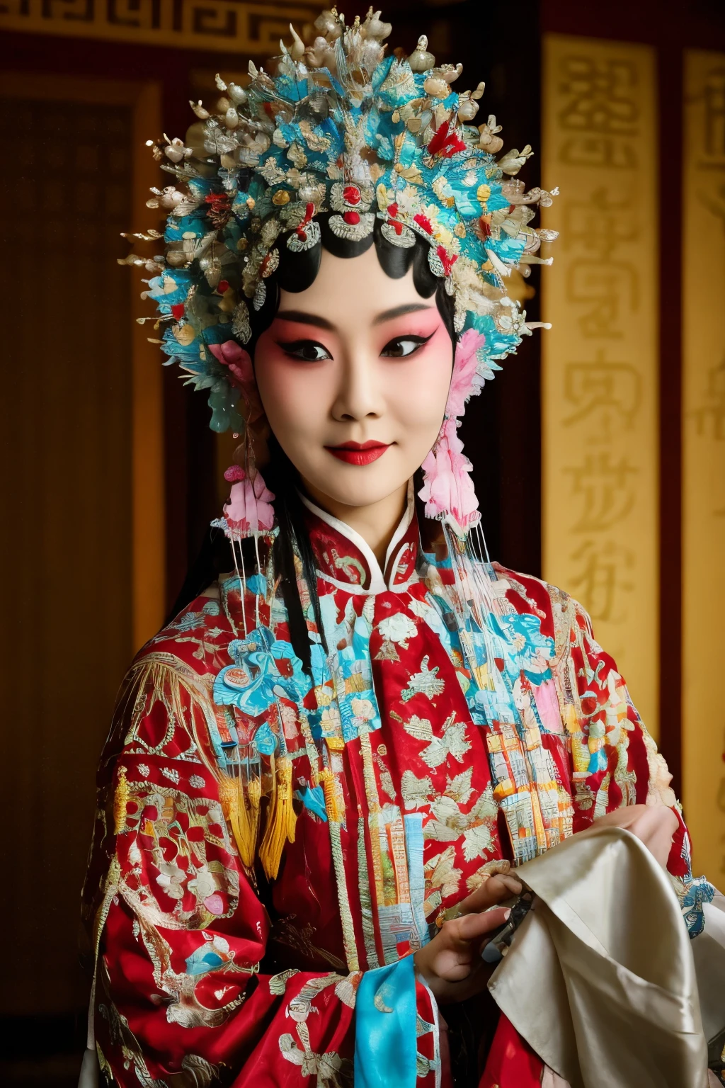 (8k, RAW photo, best quality, masterpiece:1.2),(realistic, photo-realistic:1.47),ultra-detailed,intricate details,best lighting,best shadows,extremely delicate and beautiful,,1 girl,moyou,solo,smile,large breasts,jingju,xiju,Beijing opera,Beijing opera clothes,beautiful body,gorgeous headwear,detail lips,close mouthes,Classic,Solid color,highly detailed,Purity,smooth soft skin,soft lighting,detailed face,,depth of field,upper body,,(pureerosface_v1:0.5),(ulzzang-6500-v1.1:0.5),