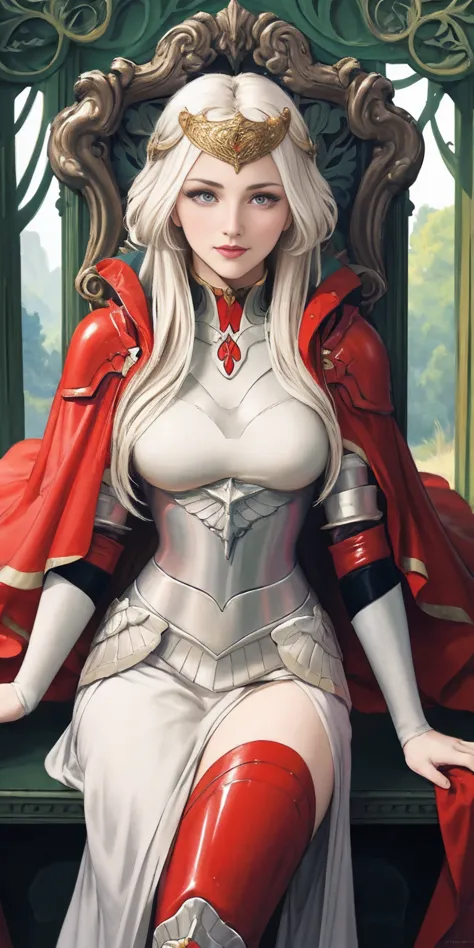 (masterpiece, best quality) 1girlsolo (the empress:1.15) platinum blonde, long hair (red cape) curtain, armored dress, queen dre...