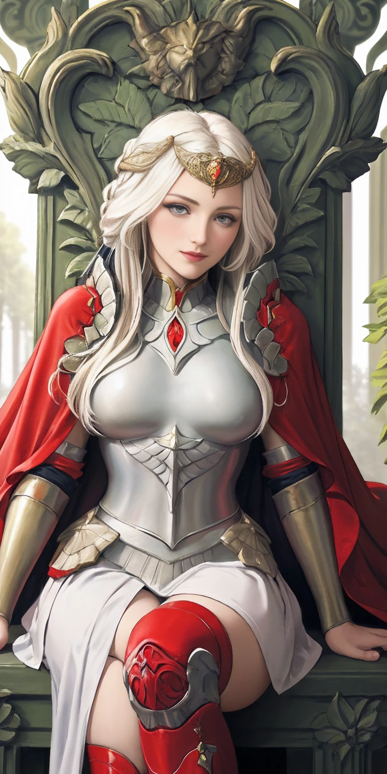 (masterpiece, best quality) 1girlsolo (the empress:1.15) platinum blonde, long hair (red cape) curtain, armored dress, queen dress, aurora (sunshine, sky, river, forest) expressionless, red eyes, very long hair (art nouveau:1.2) alphonse mucha, tiara (face focus, upper body) sit (red throne:1.12) crossing legs, highly intricate details, realistic light, smile