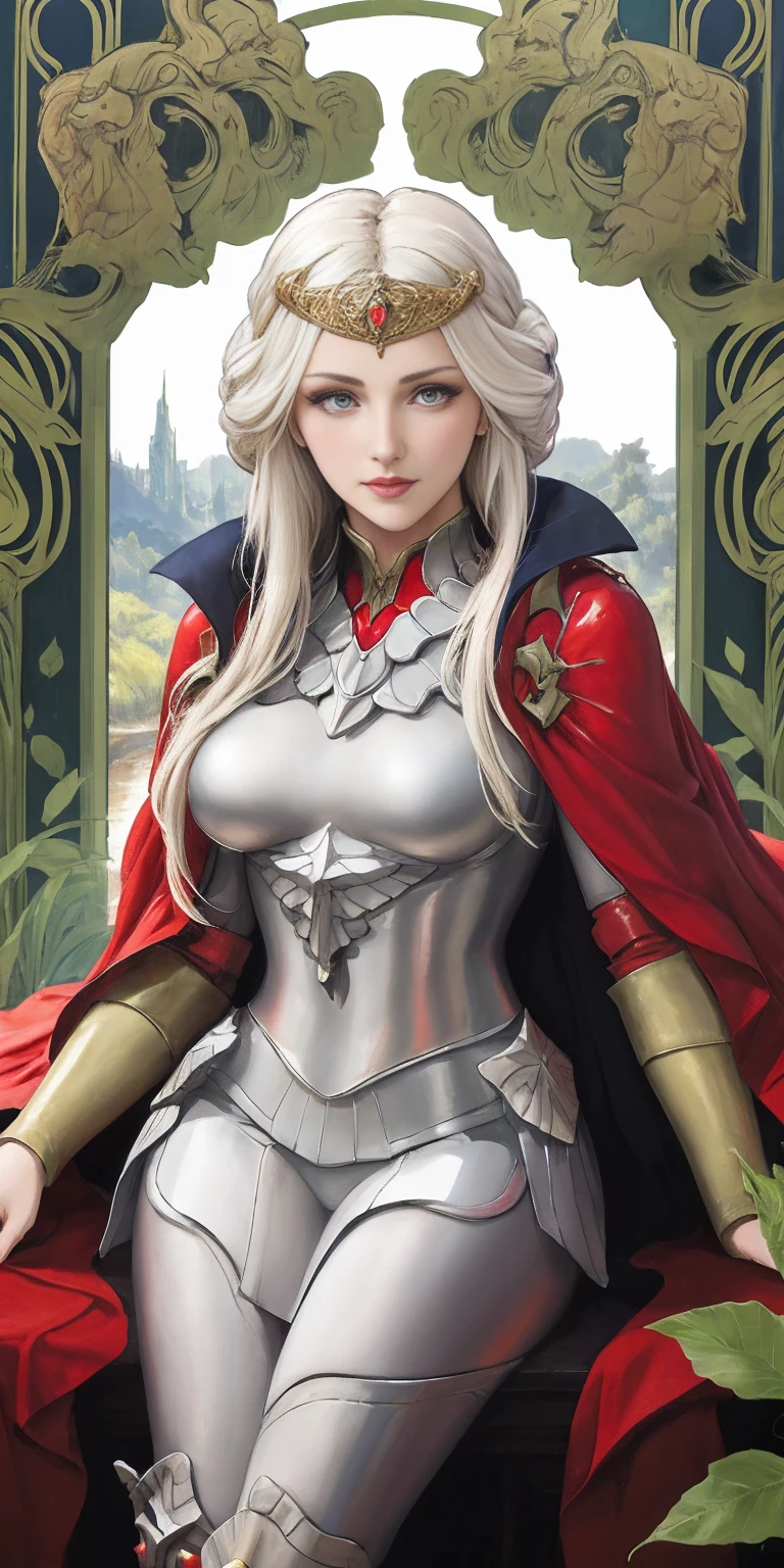 (masterpiece, best quality) 1girlsolo (the empress:1.15) platinum blonde, long hair (red cape) curtain, armored dress, queen dress, aurora (sunshine, sky, river, forest) expressionless, red eyes, very long hair (art nouveau:1.2) alphonse mucha, tiara (face focus, upper body) sit (red throne:1.12) crossing legs, highly intricate details, realistic light, smile