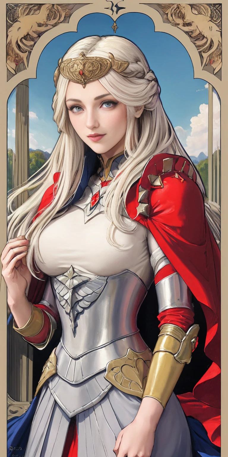 (masterpiece, best quality) 1girlsolo (the empress:1.15) platinum blonde, long hair (red cape) curtain, armored dress, queen dress, aurora (sunshine, sky, river, forest) expressionless, red eyes, very long hair (art nouveau:1.2) alphonse mucha, tiara (face focus, upper body) sit (red throne:1.12) crossing legs, highly intricate details, realistic light, smile