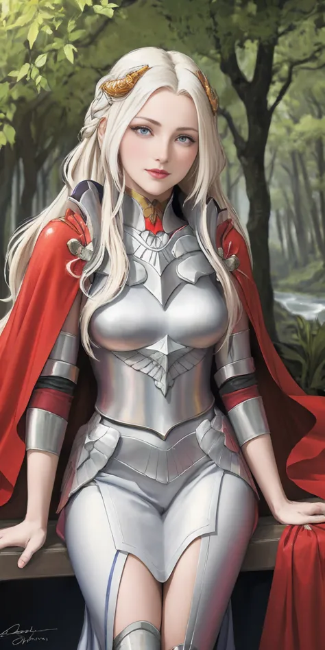 (masterpiece, best quality) 1girlsolo (the empress:1.15) platinum blonde, long hair (red cape) curtain, armored dress, queen dre...