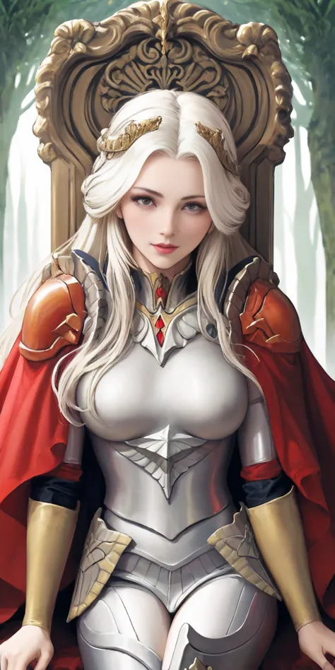 (masterpiece, best quality) 1girlsolo (the empress:1.15) platinum blonde, long hair (red cape) curtain, armored dress, queen dre...