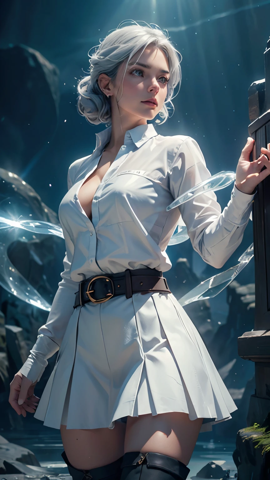 a young woman, ligh magician girl, gray hair, gray eyes, white shirt, brown skirt boots, gloves, belt, (best quality,4k,8k,highres,masterpiece:1.2),ultra-detailed,(realistic,photorealistic,photo-realistic:1.37),fantasy, magic, ice magic, cinematic lighting, dramatic, detailed facial features, dramatic pose, intricate details, atmospheric environment, fantastical landscape. ((White Shirt))((light aura))