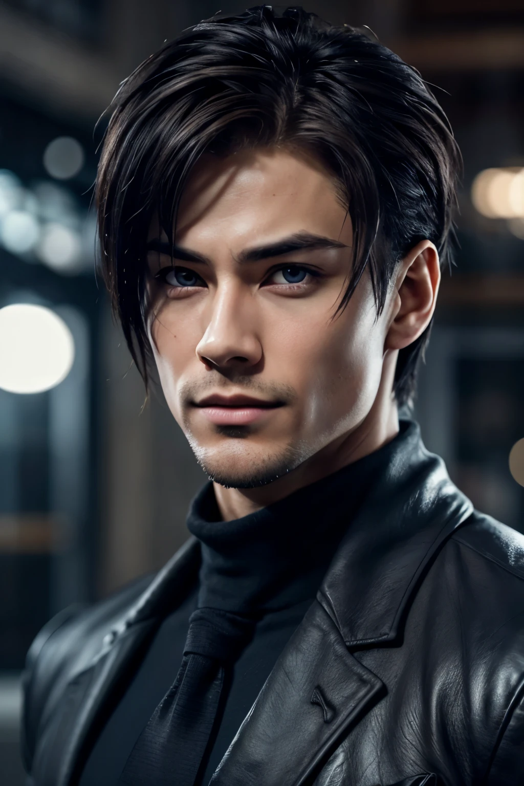 a 2 man, detailed portrait, highly realistic, photorealistic, sharp focus, extreme fine details, chiseled jawline, piercing blue eyes, masculine facial features, short brown hair, subtle smile, wearing a dark grey suit, indoors setting, warm lighting, cinematic composition, elegant, sophisticated, kusanagi Kyo, Kusanagi Kyo from KoF 2002