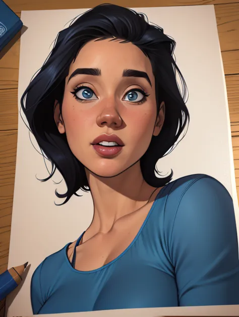 estilo de desenho animado:1.2), Jennifer Connelly muuma imagem de desenho animado de uma mulher com uma blusa azul e cabelo cast...