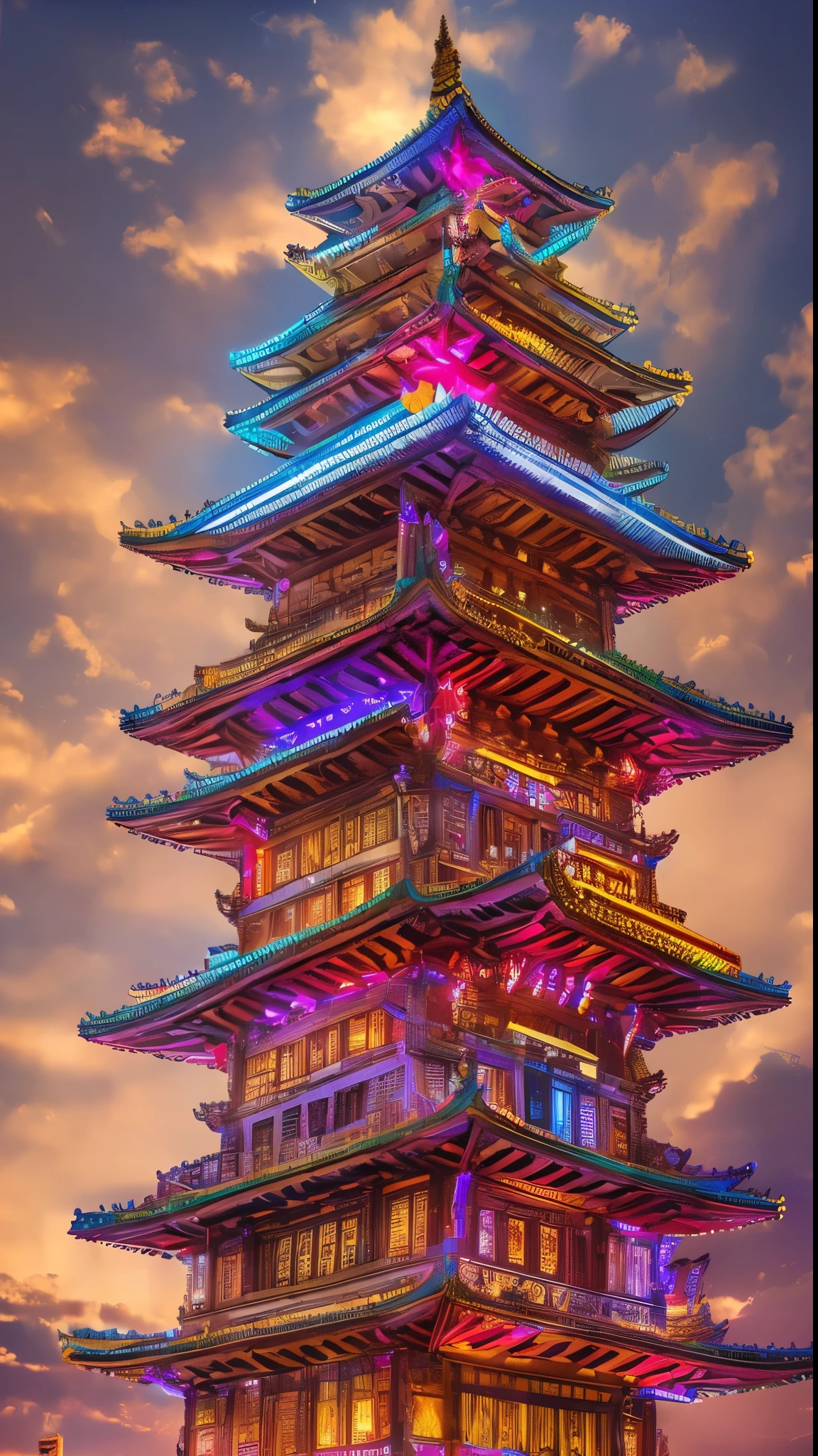 (Ultra high definition:1.4)、(Fantasy、cyber punk、Ancient Chinese castles:1.3)、(Irregular red building:1.5)、(Floating in the clouds:1.2)、(Patchwork Cottage、Neon lighting、Floral decoration:1.4)、(Cityscape in the sky:1.1)、(Ross Tran、Inspired by Mikey Chan:1.2)、(Realistic lighting、Light Shaft、warm glow:1.3)、(masterpiece:1.2)、(high quality、Beautiful graphics、