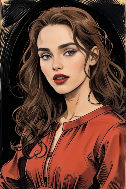 retrato de uma linda adolescente, Seios pequenos, vestido intricado, sorriso suave, Red lips, cabelo ruivo, olhos verdes, Realismo, pintura digital, arte conceitual, suave, sharp focus, rule of thirds, Estilo-psicopata