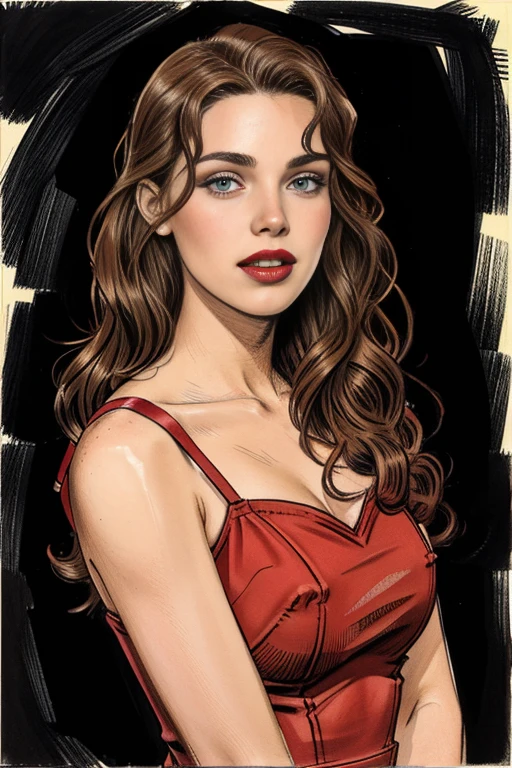 retrato de uma linda adolescente, Seios pequenos, vestido intricado, sorriso suave, Red lips, cabelo ruivo, olhos verdes, Realismo, pintura digital, arte conceitual, suave, sharp focus, rule of thirds, Estilo-psicopata