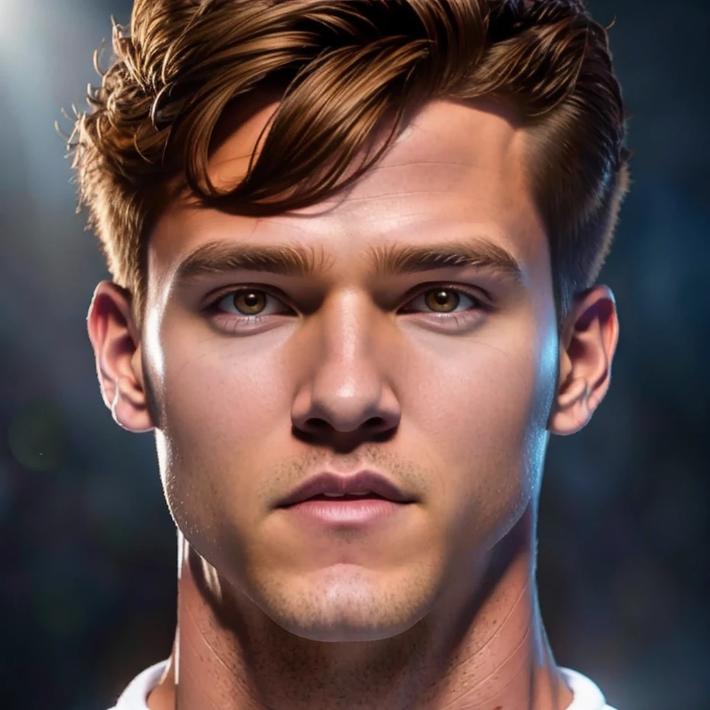 muscular, Bobby Drake, X-Men, shirtless, detailed facial features, brown hair, brown eyes, realistic lighting, cinematic, normal pose, full body, high quality, 8K, photorealistic, chiaroscuro lighting, moody atmosphere, deep shadows, hyper-detailed skin, veiny muscular arms, dynamic action scene