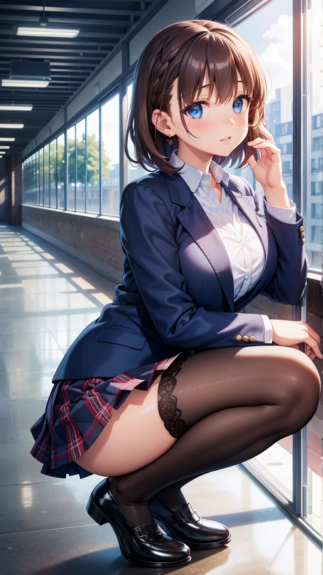 1girl, natural lighting, masterpiece, highly detailed, illustration, game CG, absurdres, high quality, aichan, large breasts, blue eyes, beautiful detailed eyes, short brown hair, side braid, school, blazer, plaid miniskirt, thigh highs, school hallway, squatting