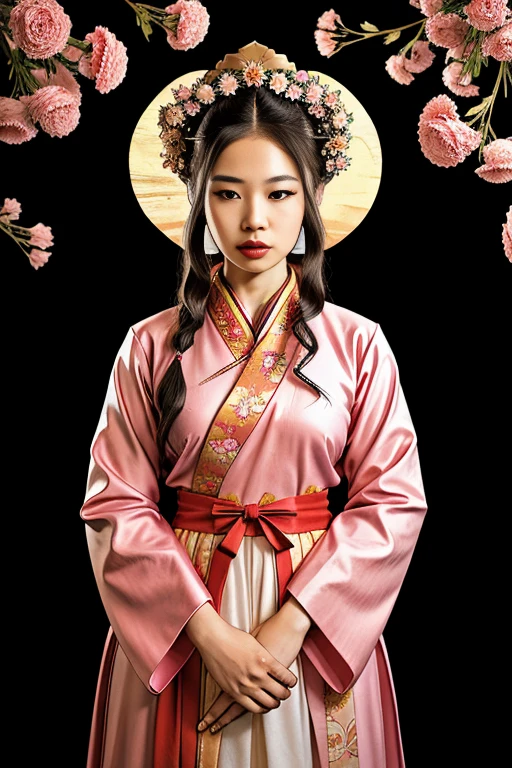 araffe woman in a pink dress with a wreath of flowers on her head, uma foto colorida inspirada em Lan Ying, trends in cg society, Realismo, Hanfu, Palace ， a girl in Hanfu, ancient princesa chinesa, uma linda imperatriz de fantasia, estilo de arte da china antiga, Princess of the Ancient Asian Dynasty, chinese empress, white Hanfu, princesa chinesa,olhando para baixo,