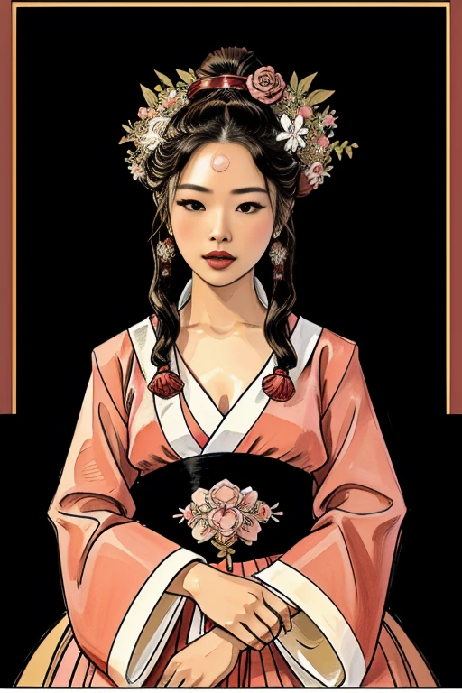 araffe woman in a pink dress with a wreath of flowers on her head, uma foto colorida inspirada em Lan Ying, trends in cg society, Realismo, Hanfu, Palace ， a girl in Hanfu, ancient princesa chinesa, uma linda imperatriz de fantasia, estilo de arte da china antiga, Princess of the Ancient Asian Dynasty, chinese empress, white Hanfu, princesa chinesa,olhando para baixo,