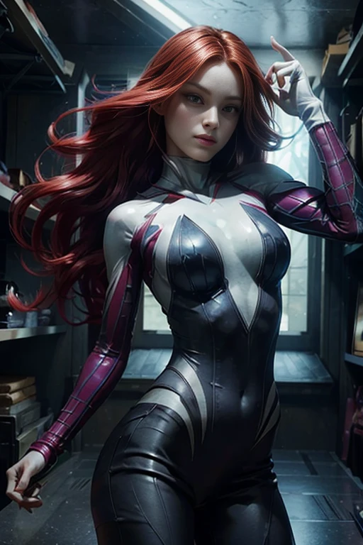(Jean Grey), Xmen 97, a beautiful woman with long red hair, detailed face, piercing green eyes, wearing a blue and yellow costume, x-men 97 style, dynamic pose, muscular body, cosmic powers, dramatic lighting, cinematic composition, photorealistic, award winning digital art