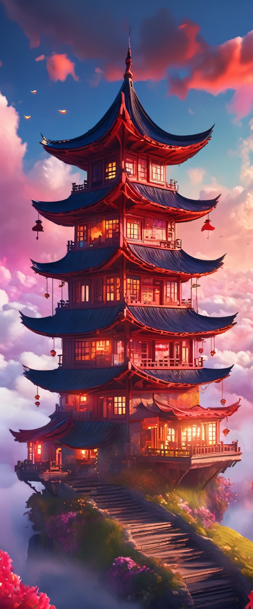 Building above the clouds(Ultra high definition:1.4)、(Fantasy、cyber punk、Ancient Chinese castles:1.3)、(Irregular red building:1.5)、(Floating in the clouds:1.2)、(Patchwork Cottage、Neon lighting、Floral decoration:1.4)、(Cityscape in the sky:1.1)、(Ross Tran、Inspired by Mikey Chan:1.2)、(Realistic lighting、Light Shaft、warm glow:1.3)、(masterpiece:1.2)、(high quality、Beautiful graphics、In one image