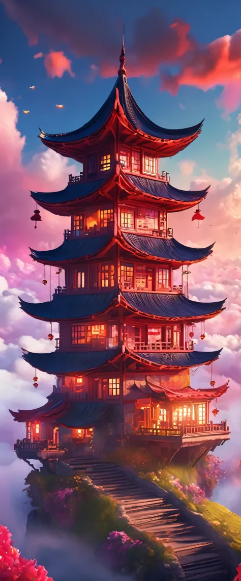 building above the clouds(ultra high definition:1.4)、(fantasy、cyber punk、ancient chinese castles:1.3)、(irregular red building:1....