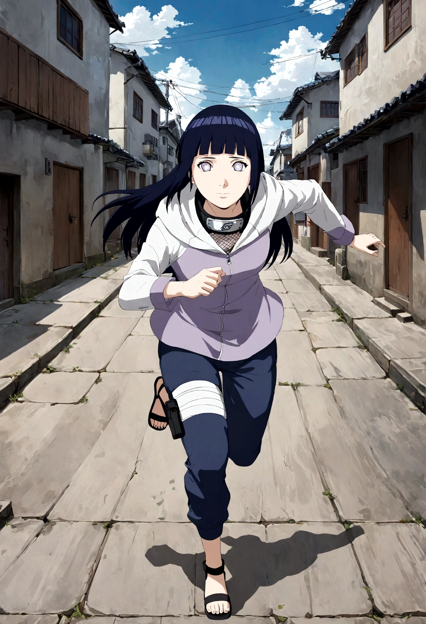 1girl, Hinata Hyuga, run to viewer, Motion Blur, action-lines, long hair, blunt bangs, dark blue hair, white eyes, no pupils, forehead protector, konohagakure symbol, purple and white hooded jacket, fishnets, blue pants, holster, bandage on thigh, open sandals, hoodie, zipper, looking at viewer, (masterpiece, best quality, Professional, perfect composition, very aesthetic, absurdres, ultra-detailed, intricate details:1.3)