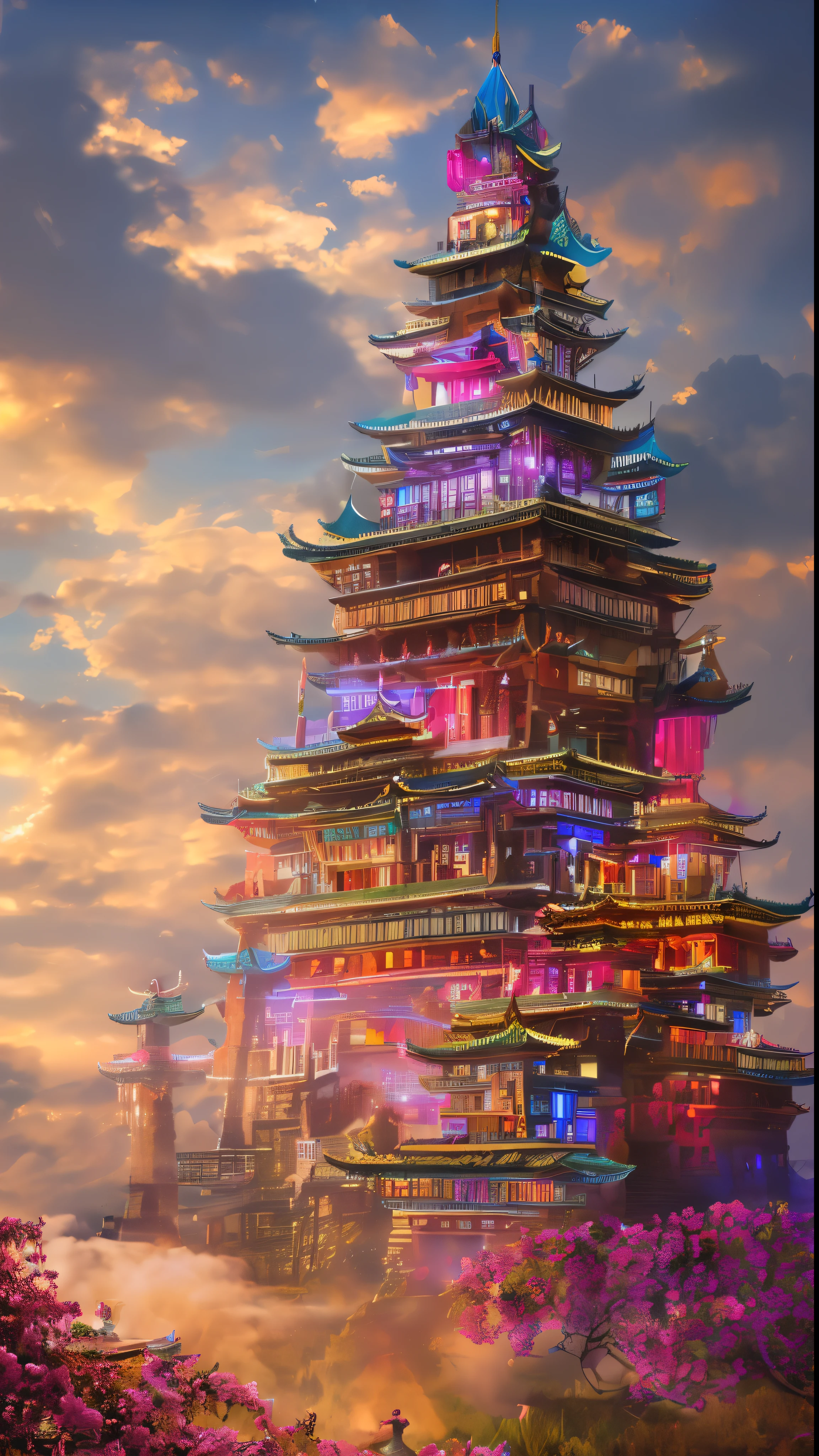 (ultra-alta definição:1.4)、(fantasia、ciberpunk、Castelos chineses antigos:1.3)、(Edifício vermelho irregular:1.5)、(flutuando nas nuvens:1.2)、(Casa de retalhos、Iluminação de néon、decoração floral:1.4)、(Paisagem urbana no céu:1.1)、(Ross Tran、Inspirado por Mikey Chan:1.2)、(iluminação realista、Eixo de luz、brilho quente:1.3)、(obra de arte:1.2)、(alta qualidade、belos gráficos、