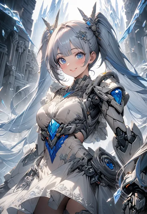 1 girl A picture of her standing in front of an ice castle wearing a fancy frilly dress made of mechs.Mechanical dress like robo...