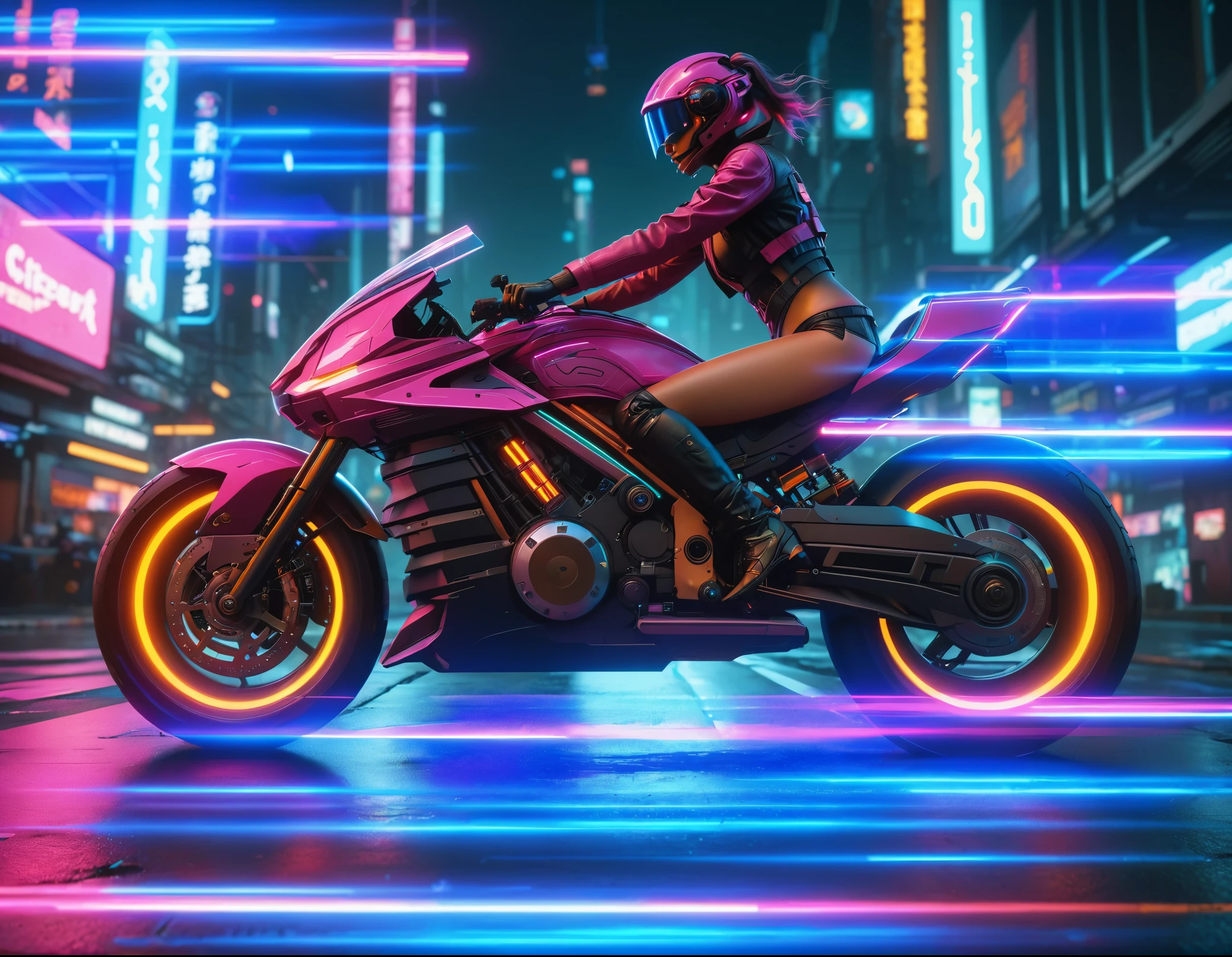 Mujer arafed vestida de rosa montando una motocicleta en una calle de la ciudad, arte ciberpunk de Mike "Beeple" winkelman, efecto de velocidad, ganador del concurso cgsociety, arte digital, sentado en una moto cyberpunk, estilo de arte ciberpunk, arte cyberpunk ultrarrealista 8k, neón futurista cyberpunk, estilo cyberpunk hiperrealista, neón ciberpunk, cyberpunk con luces de neón, neón cyberpunk beeple y mike winkelmann, fondo de neón, alta resolución, obra maestra, 
