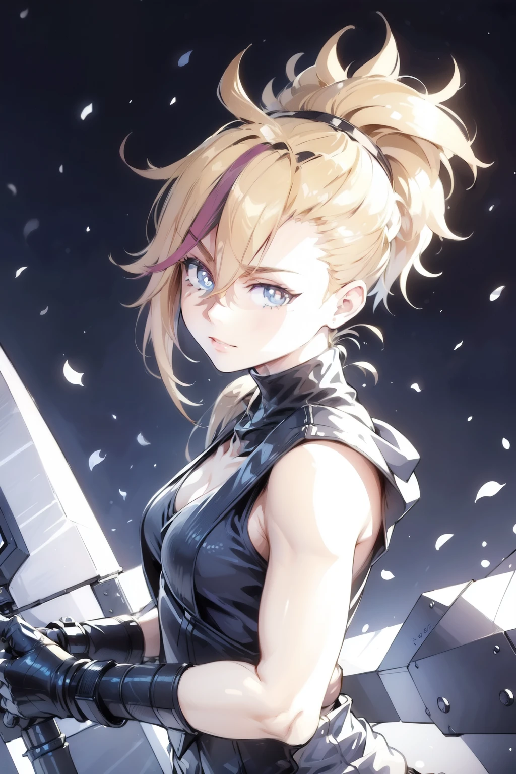 (masterpiece, best quality:1.2), Blue  glowing eyes, perfect face, highres, 1 girl, solo, ultra long ponytail, (female:1.5), strife, blonde hair, shoulder armor, sleeveless turtleneck, suspenders, belt, gloves, bracer, evil smile, standing, portrait, looking at viewer, giant sword on the back